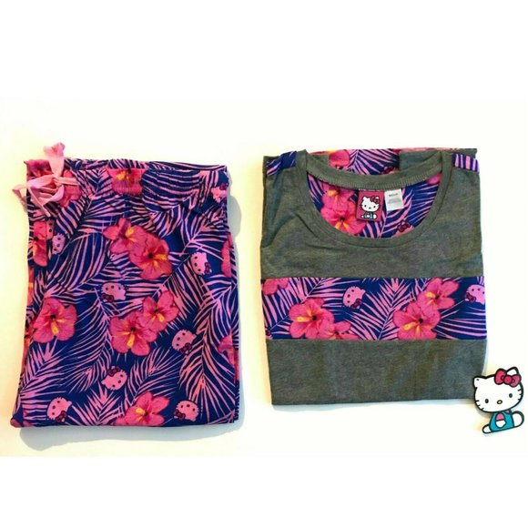 Sanrio Hello Kitty "Tropical Escape" women's Lounge Set Pajama, M,Gray/Blue/Pink - Picture 2 of 6